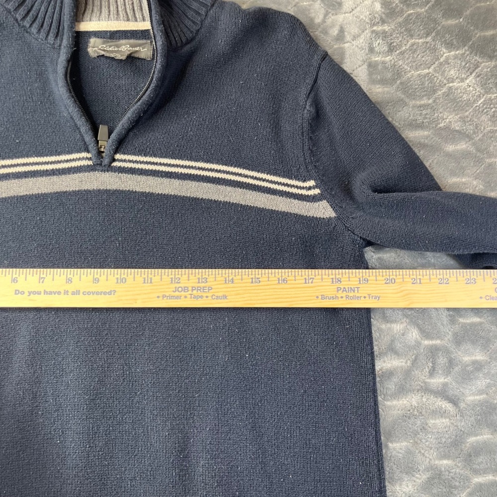 Eddie Bauer Quarter Zip Sweater Mens Medium Navy Blue Striped 100% Cotton Mock - Picture 6 of 9